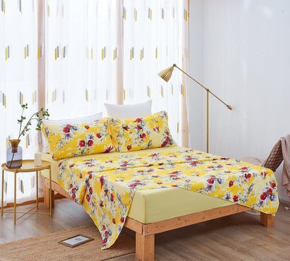 DaDa Bedding Sunshine Yellow Hummingbirds Floral Fitted & Flat Bed Sheets Set (JHW-925)-3