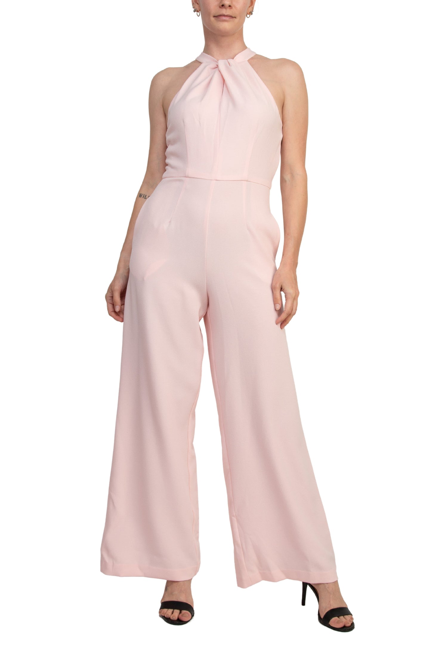 Julia Jordan Twist Halter Neck Cutaway Shoulders Pocketed Wide Leg Jumpsuit-0