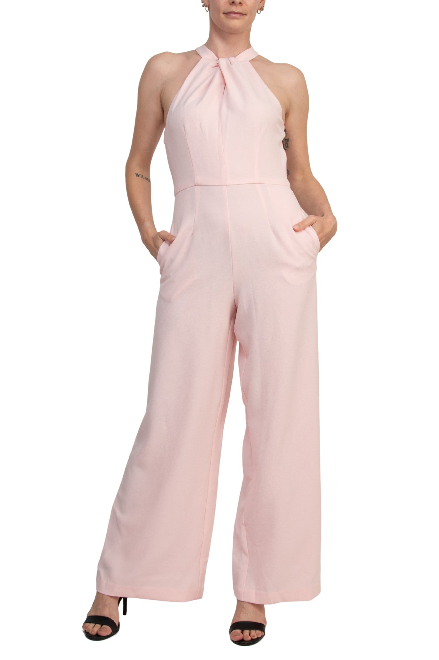 Julia Jordan Twist Halter Neck Cutaway Shoulders Pocketed Wide Leg Jumpsuit-1
