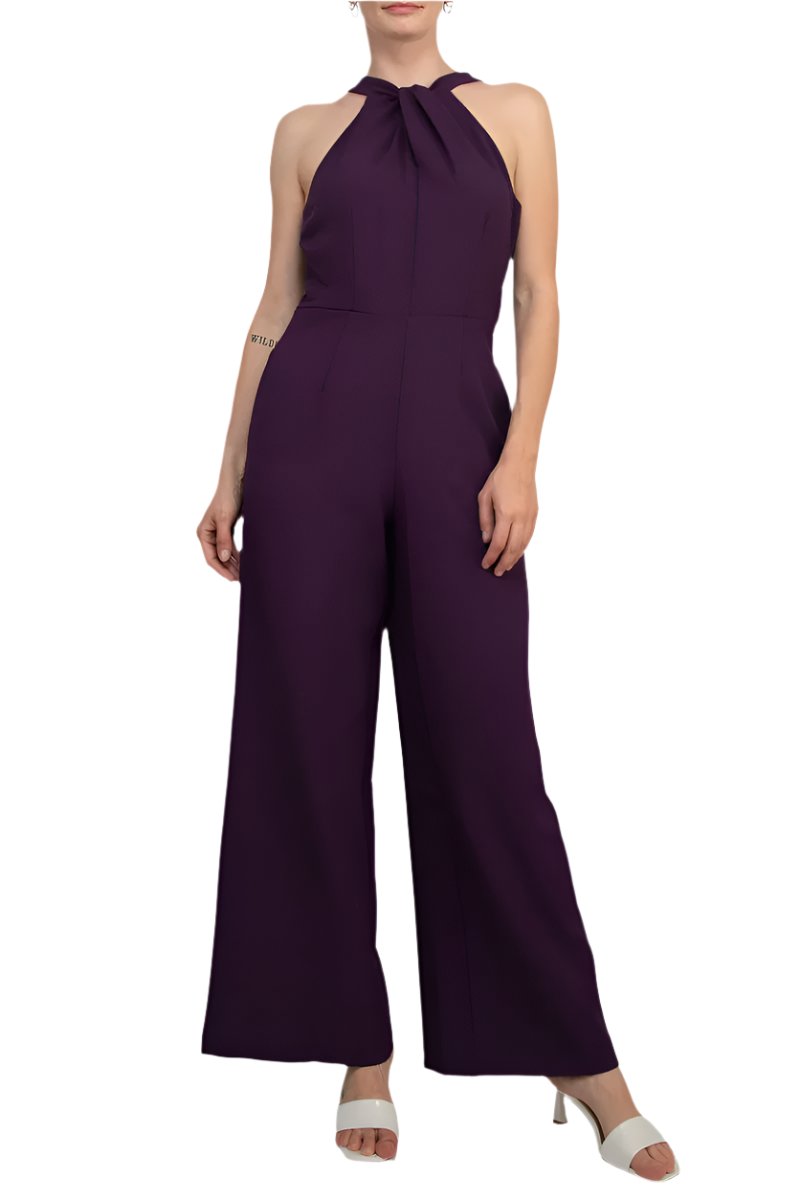 Julia Jordan Crossed Neck Keyhole Racerback Solid Crepe Jumpsuit-1