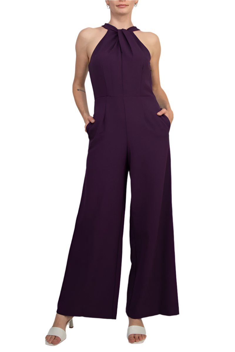 Julia Jordan Crossed Neck Keyhole Racerback Solid Crepe Jumpsuit-0
