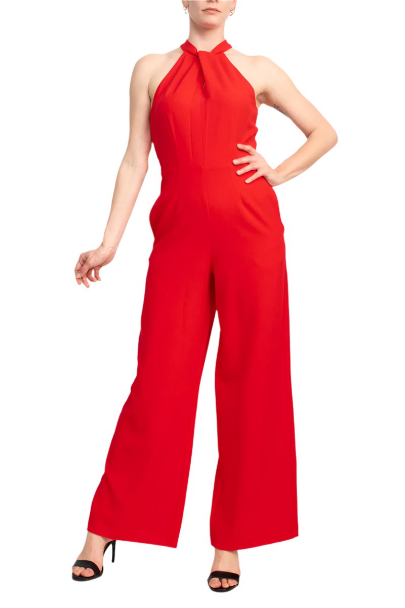 Julia Jordan Crossed Neck Keyhole Racerback Solid Crepe Jumpsuit-6