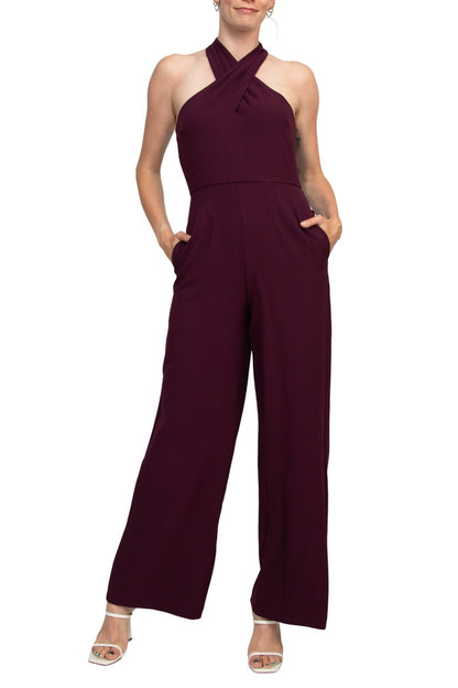 Julia Jordan Stretch Criss Cross Halter Neckline Sleeveless Crepe Jumpsuit With Pockets-2