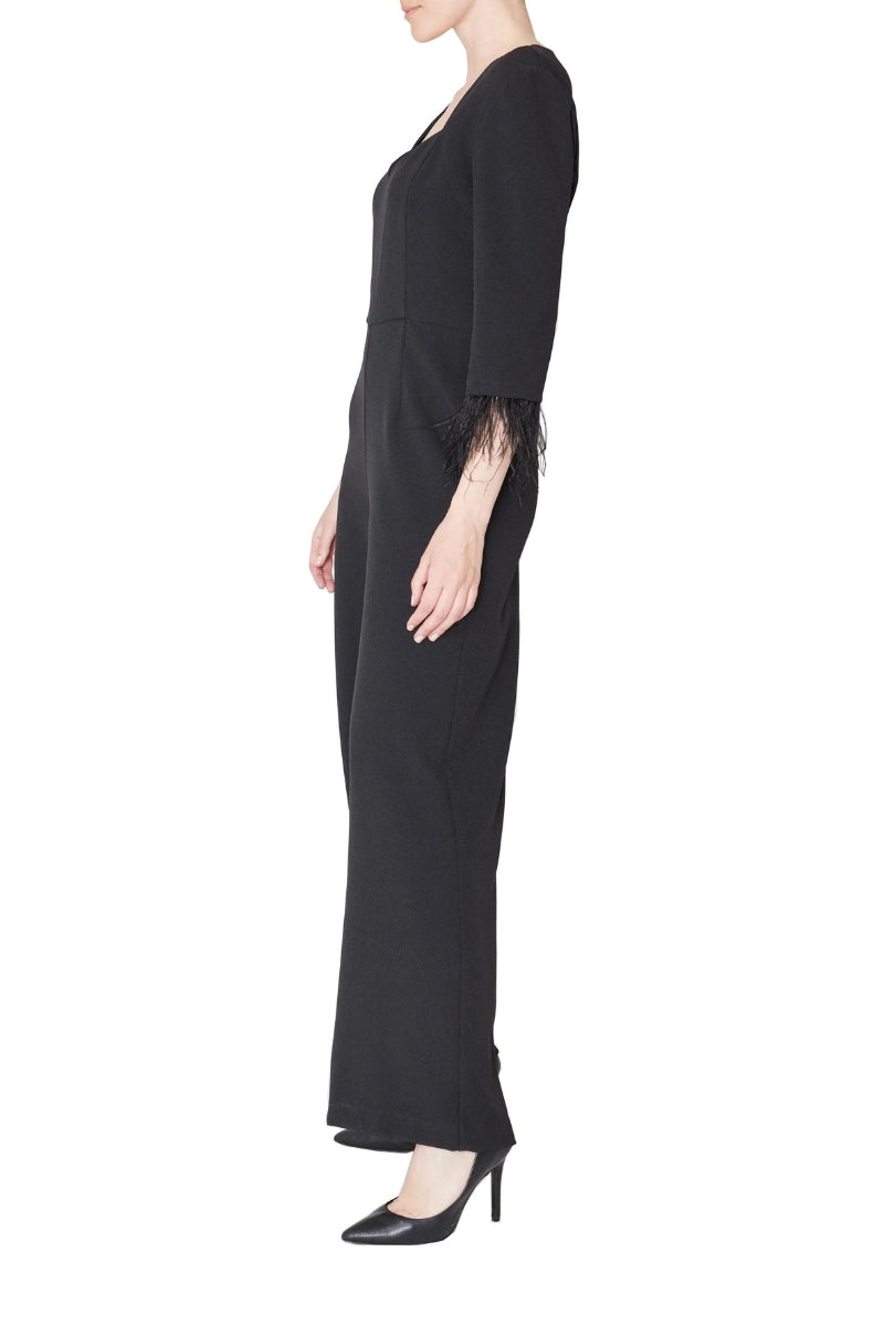 Julia Jordan Faux Feather Trim V-Neck Crepe Jumpsuit-1