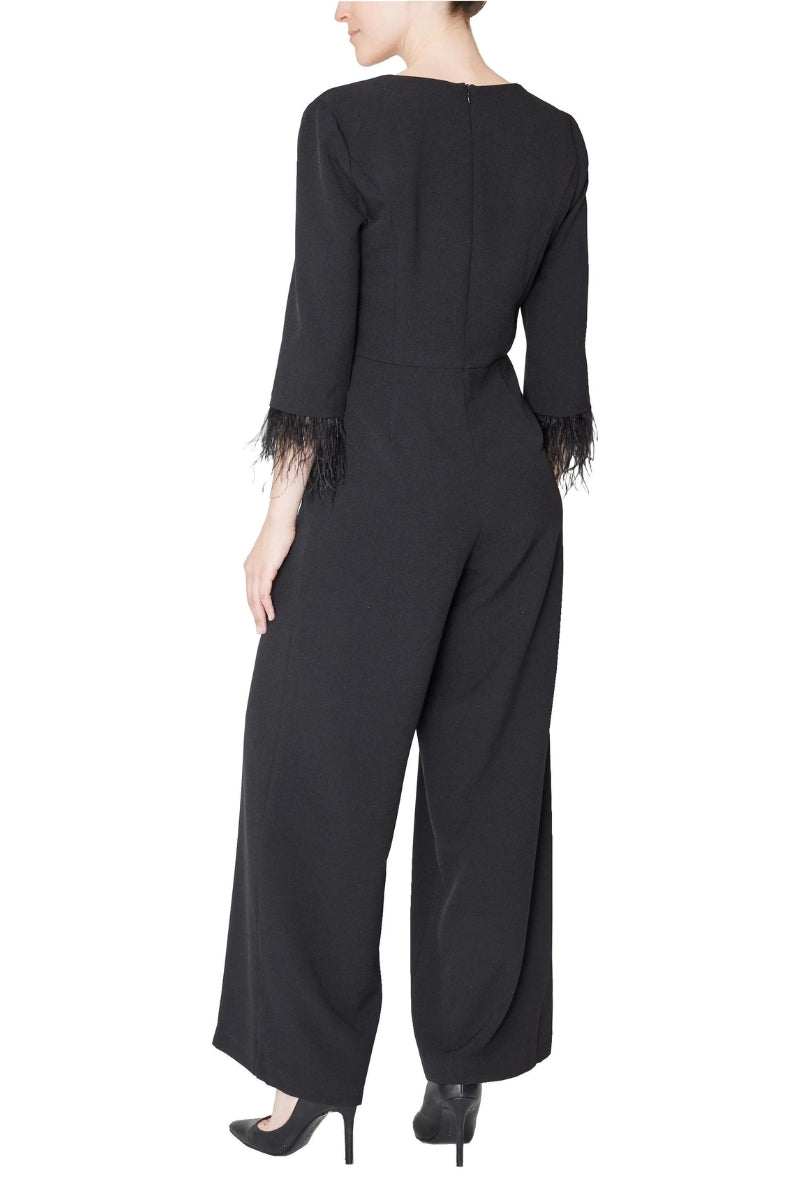 Julia Jordan Faux Feather Trim V-Neck Crepe Jumpsuit-2
