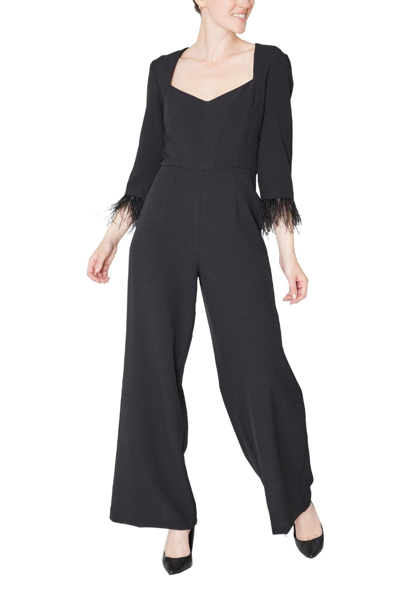 Julia Jordan Faux Feather Trim V-Neck Crepe Jumpsuit-0