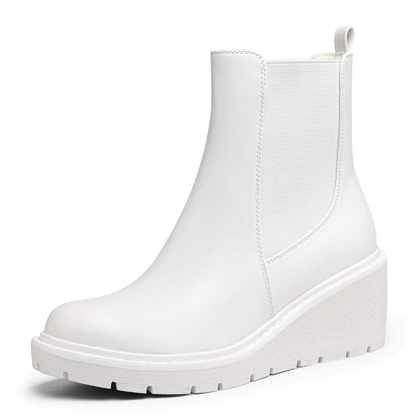 IDIFU IN3 Wedge Chelsea Boots for Women Platform Low Heel Womens Boots Short Lug Sole Round Toe Ankle Boots Fall Dress Fashion Booties Pull On Cute Elastic Heeled Boots(White Pu 7)