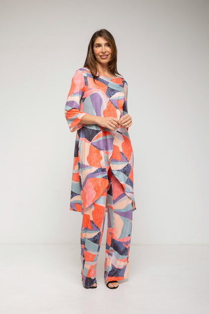 Conjunto de túnica larga estampada y pantalón color coral-1