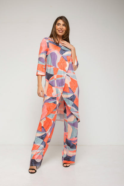 Conjunto de túnica larga estampada y pantalón color coral-2