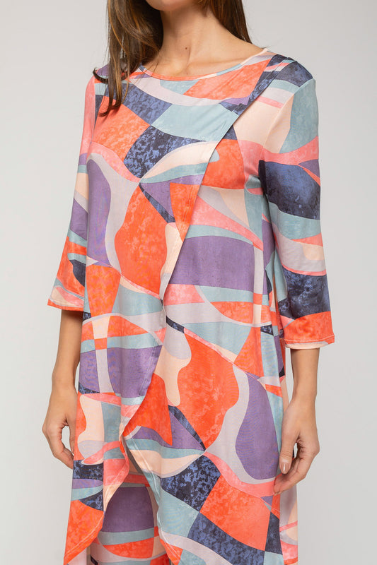 Conjunto de túnica larga estampada y pantalón color coral-0