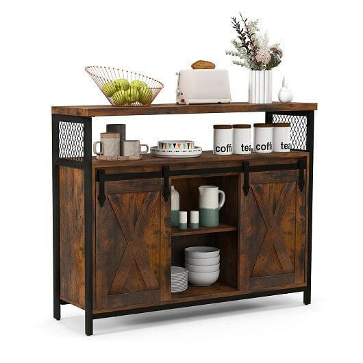 Buffet Cabinet with 3-Level Adjustable Shelves and 2 Sliding Barn Doors-Rustic Brown-4