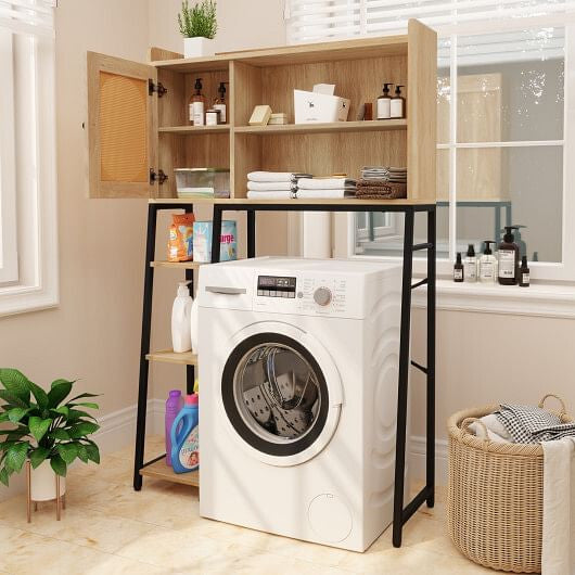 Over The Toilet Storage Cabinet with PE Rattan Door and Open Storage Shelves-Natural-0