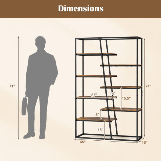 71-Inch 7-Tier Industrial Etagere Bookcase with Heavy-duty Metal Frame-Rustic Brown-3