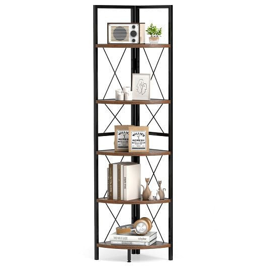 5-Tier Freestanding Corner Shelf 63 Inch Tall Storage Rack-Rustic Brown-2