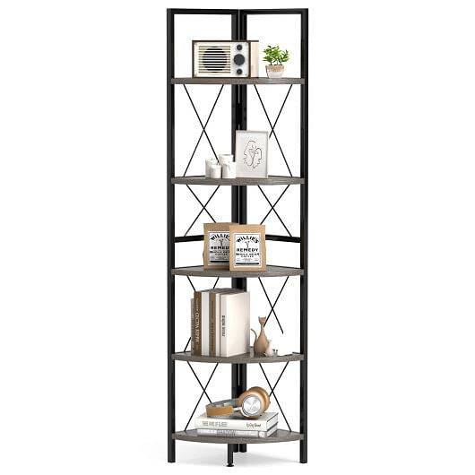 5-Tier Freestanding Corner Shelf 63 Inch Tall Storage Rack-Rustic Brown-7