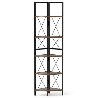 5-Tier Freestanding Corner Shelf 63 Inch Tall Storage Rack-Rustic Brown-9