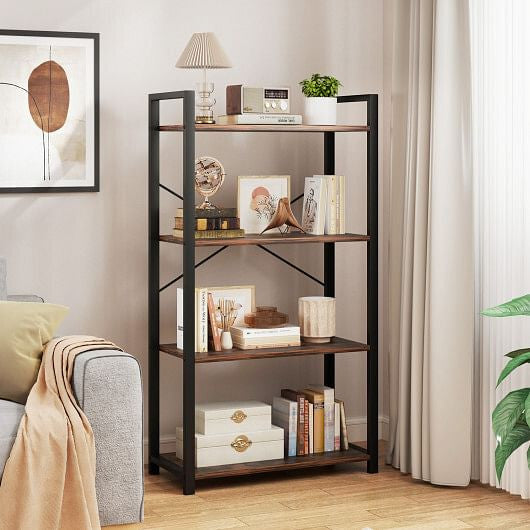 4-Tier Bookshelf with Heavy Duty Metal Frame Industrial Display Shelf-Rustic Brown-0