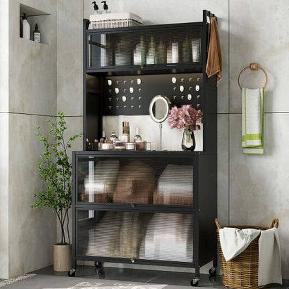 5 Tier Kitchen Bakers Rack with Lights Multifunctional Microwave Stand with Flip Door Cabinets-Black-1