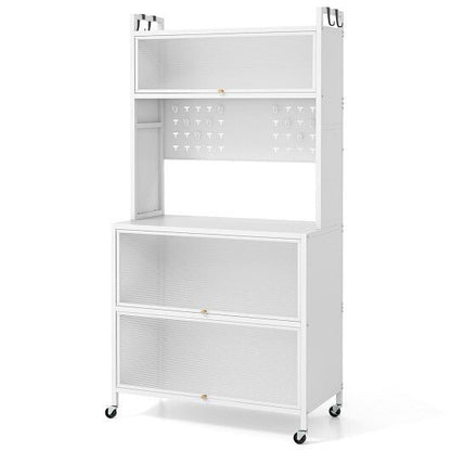 5 Tier Kitchen Bakers Rack with Lights Multifunctional Microwave Stand with Flip Door Cabinets-Black-7