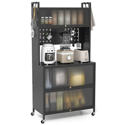 5 Tier Kitchen Bakers Rack with Lights Multifunctional Microwave Stand with Flip Door Cabinets-Black-9