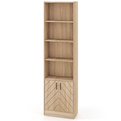 71 Inch 6-Tier Tall Bookshelf with Double Doors 4 Open Cubes-Oak-2