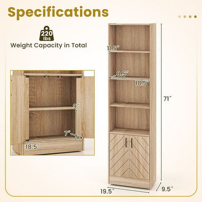 71 Inch 6-Tier Tall Bookshelf with Double Doors 4 Open Cubes-Oak-3