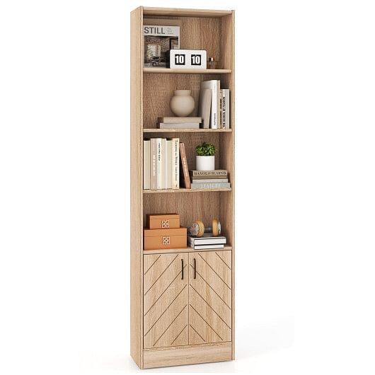 71 Inch 6-Tier Tall Bookshelf with Double Doors 4 Open Cubes-Oak-4