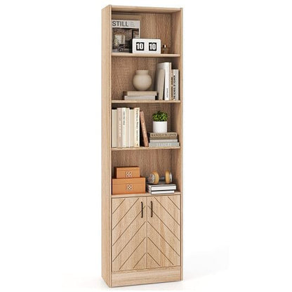 71 Inch 6-Tier Tall Bookshelf with Double Doors 4 Open Cubes-Oak-4