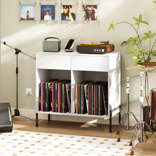 Record Player Stand with Power Outlets Double Wide Turntable Stand Vinyl Record Storage Table-White-0