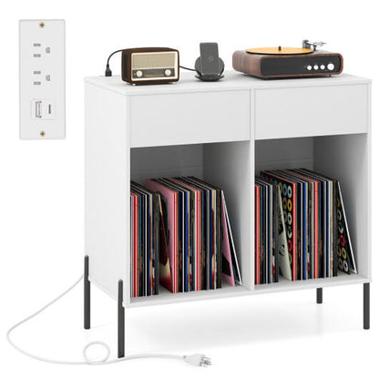 Record Player Stand with Power Outlets Double Wide Turntable Stand Vinyl Record Storage Table-White-2