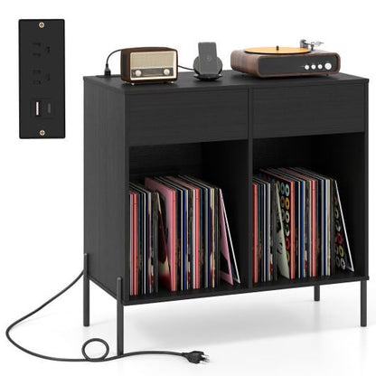 Record Player Stand with Power Outlets Double Wide Turntable Stand Vinyl Record Storage Table-White-4