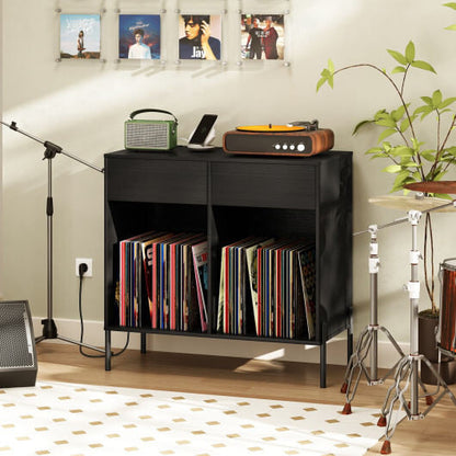 Record Player Stand with Power Outlets Double Wide Turntable Stand Vinyl Record Storage Table-White-5