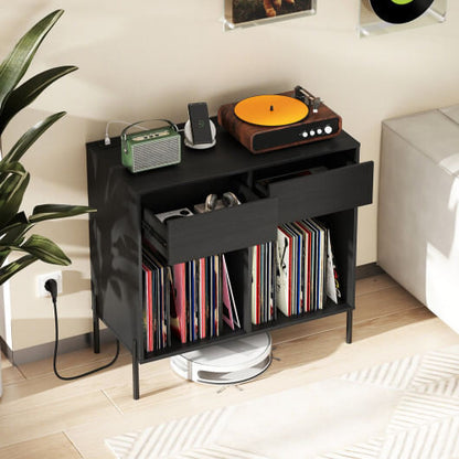 Record Player Stand with Power Outlets Double Wide Turntable Stand Vinyl Record Storage Table-White-6