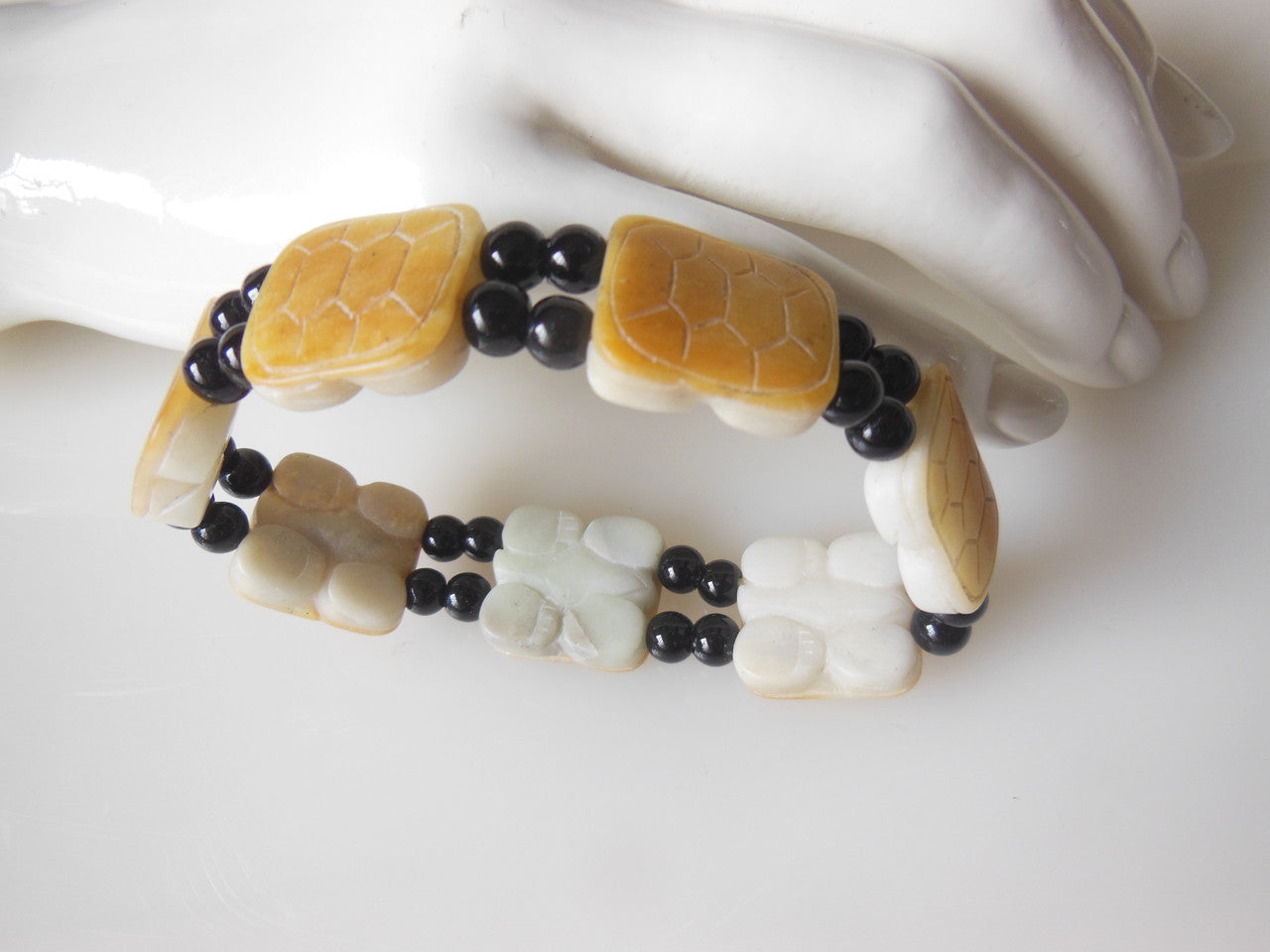 Jade bracelet. Black round jade with golden square jade beads-3