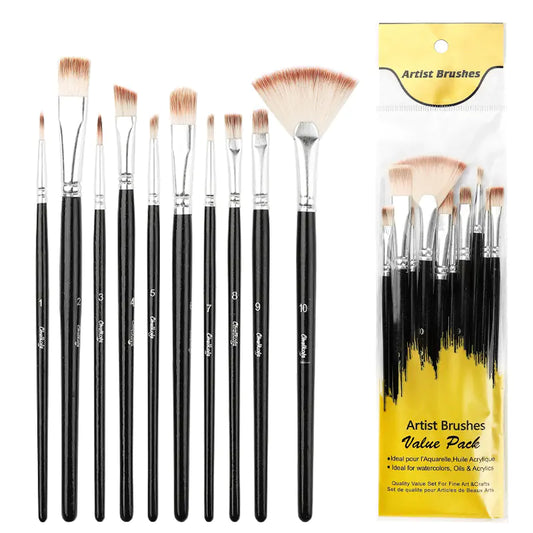 Gouache Brush Set - 10 Nylon Brushes for Painting
