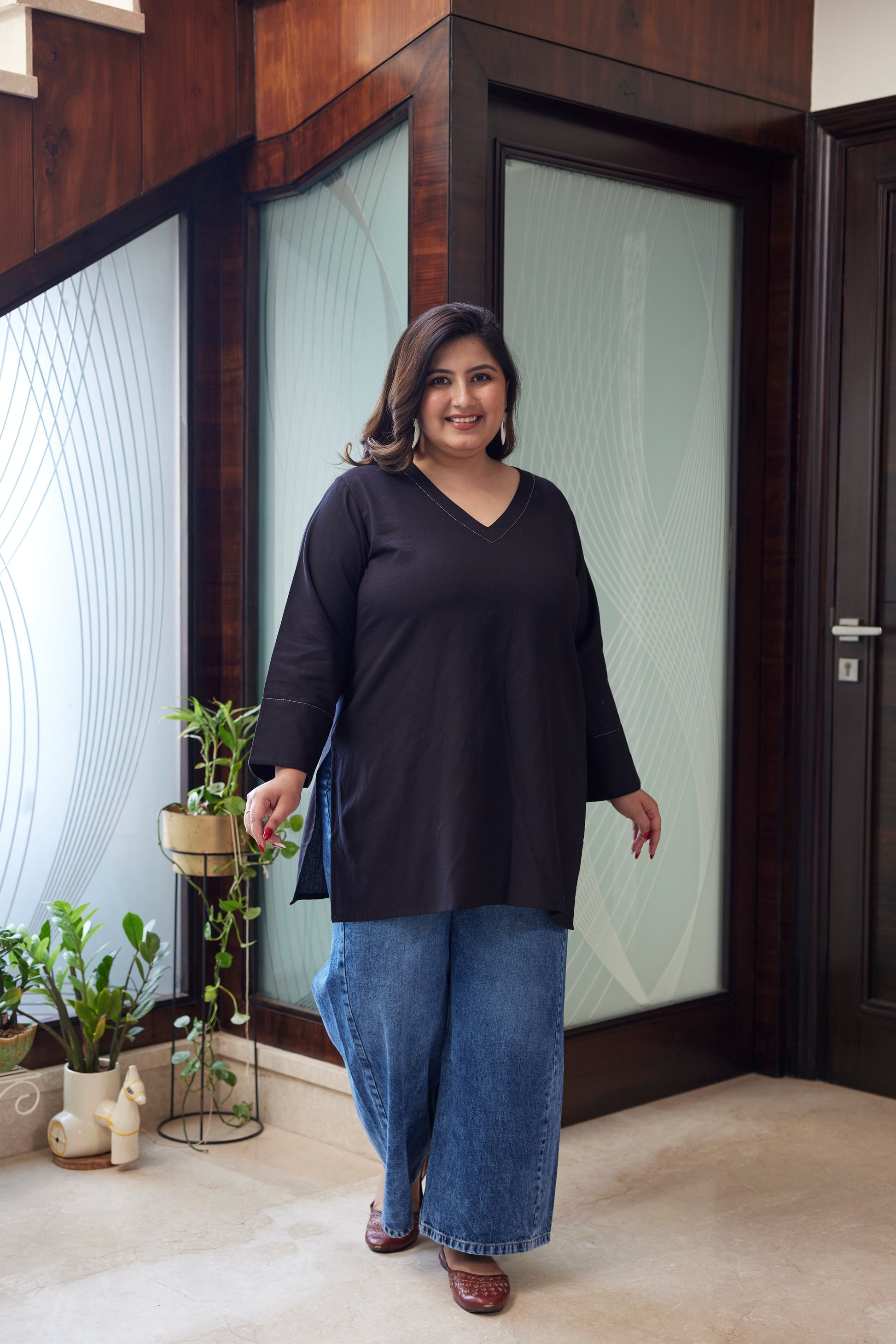 Black V-Neck Linen Short Top ( Only Top)-0