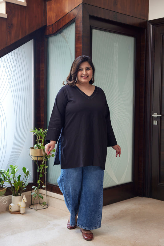 Black V-Neck Linen Short Top ( Only Top)-0