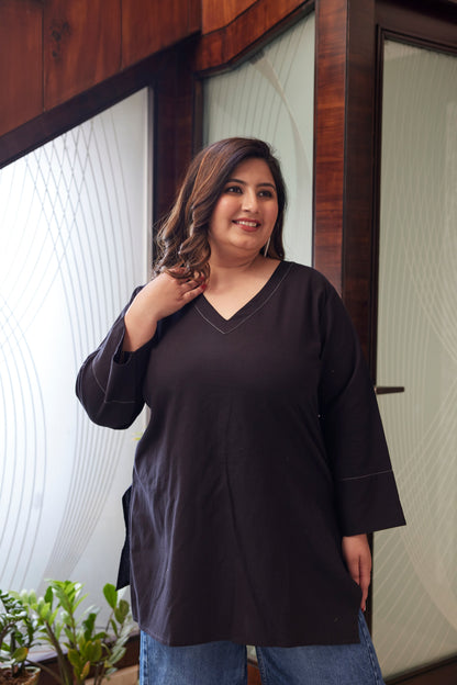 Black V-Neck Linen Short Top ( Only Top)-1