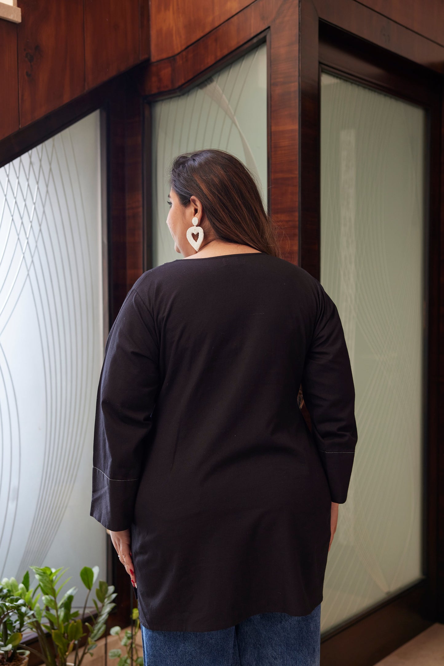 Black V-Neck Linen Short Top ( Only Top)-2