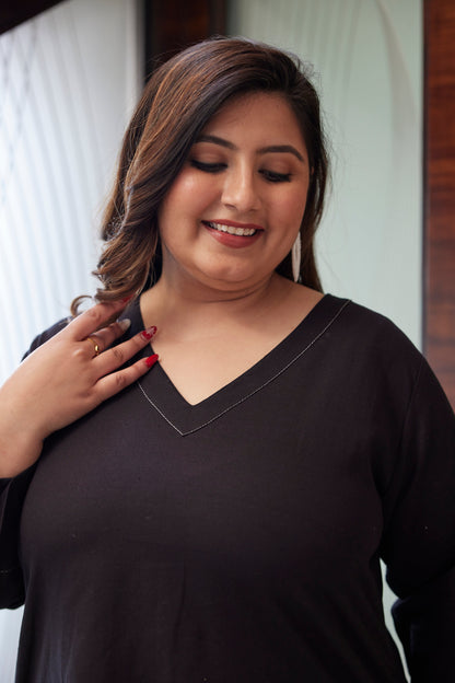 Black V-Neck Linen Short Top ( Only Top)-3