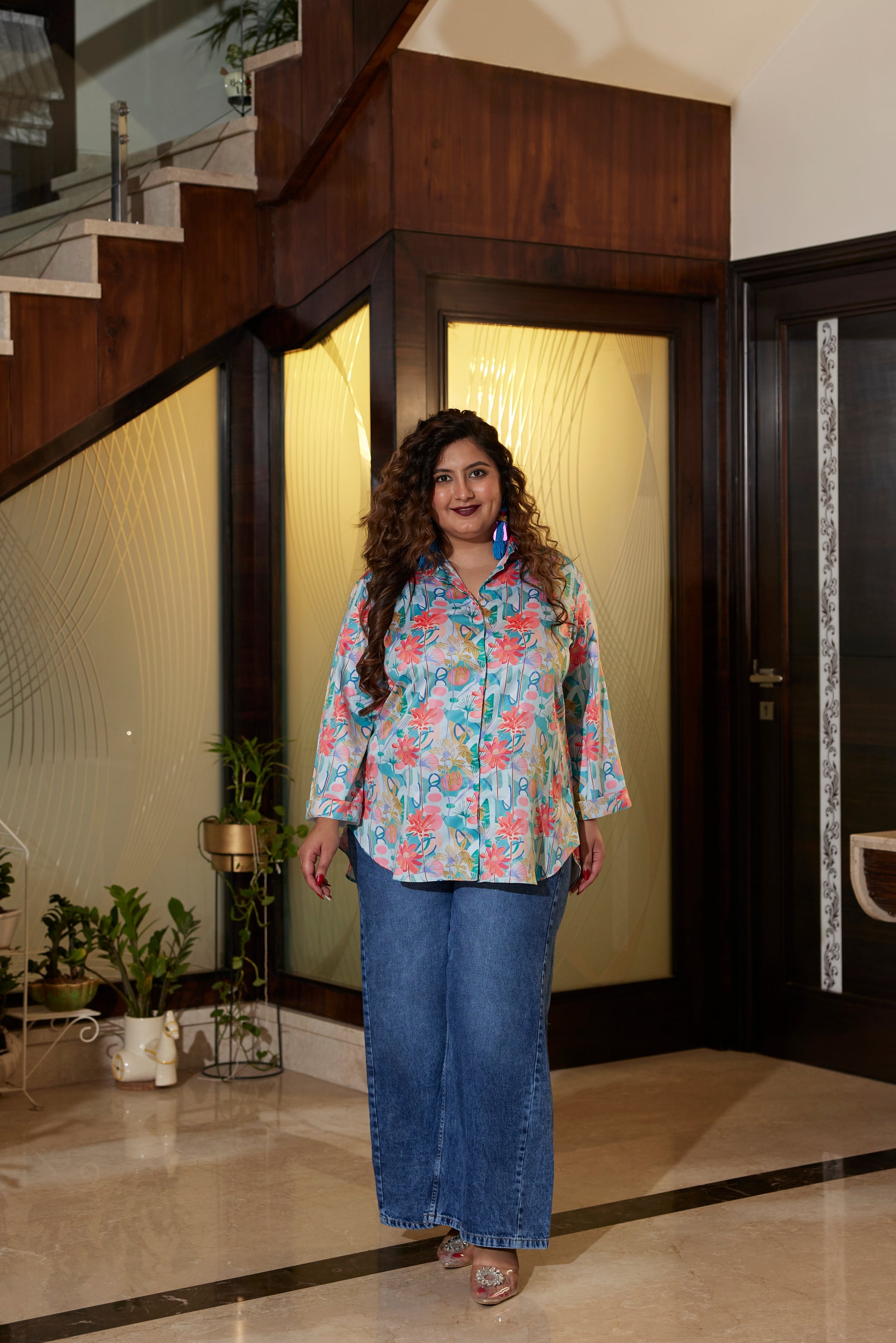 Blue Satin Digital Print Shirt-0