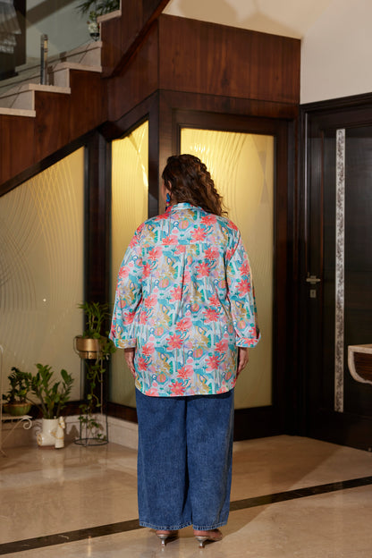 Blue Satin Digital Print Shirt-2