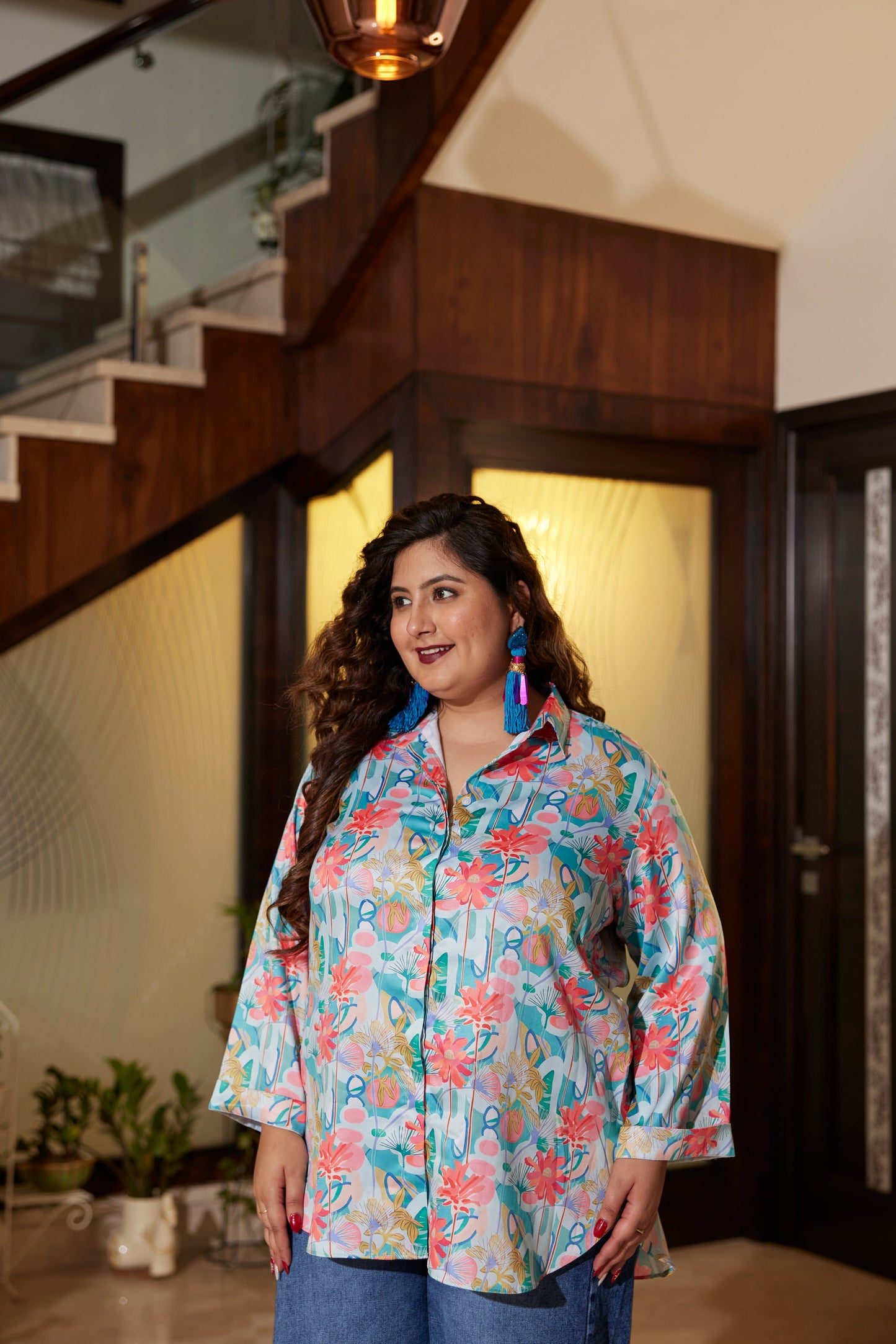 Blue Satin Digital Print Shirt-3