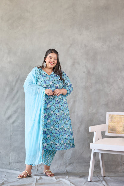 Blue Floral Printed Kurta Set - (Set of 3)-0