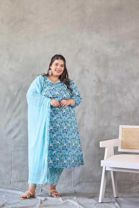 Blue Floral Printed Kurta Set - (Set of 3)-0