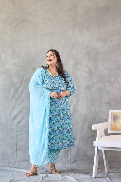 Blue Floral Printed Kurta Set - (Set of 3)-3