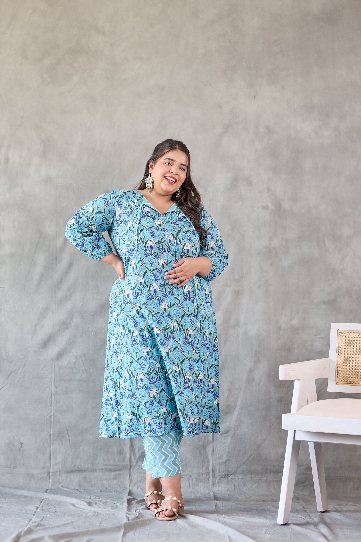 Blue Floral Printed Kurta Set - (Set of 3)-1