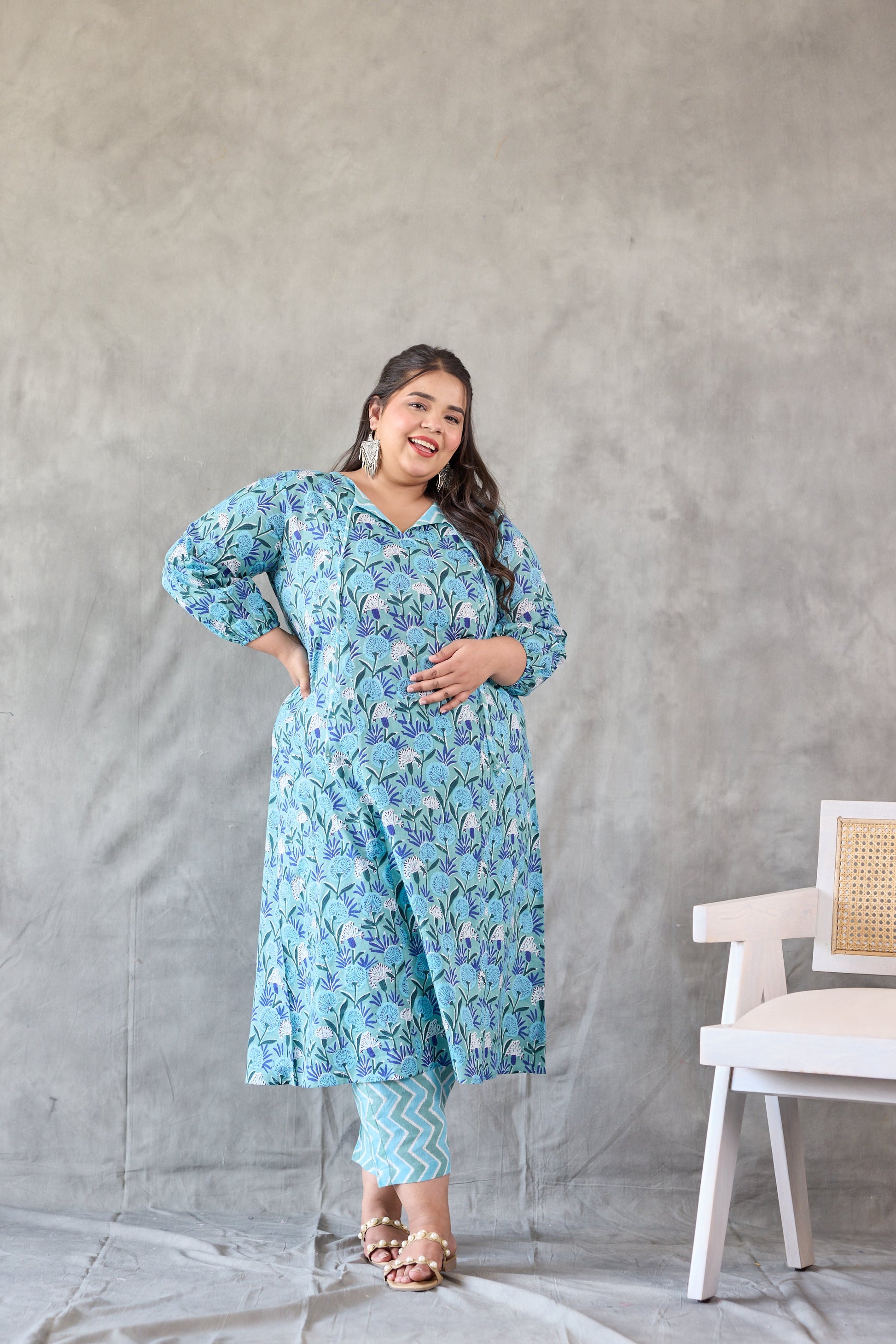 Blue Floral Printed Kurta Set - (Set of 3)-1