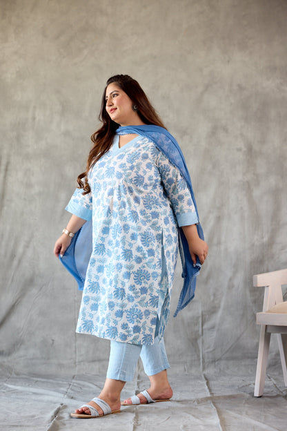 Blue Blossom White Cotton Kurta Set - (Set of 3)-4