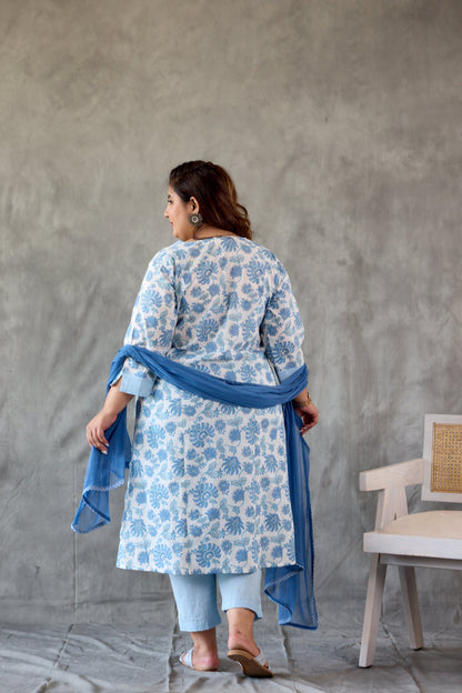 Blue Blossom White Cotton Kurta Set - (Set of 3)-1